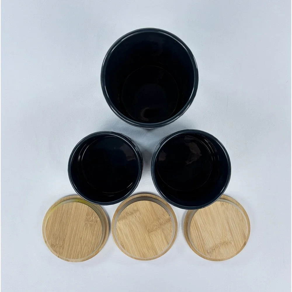 Atelier Ceramic Kitchen Canister Set 3 Piece Blue Embossed Floral Wood Lids